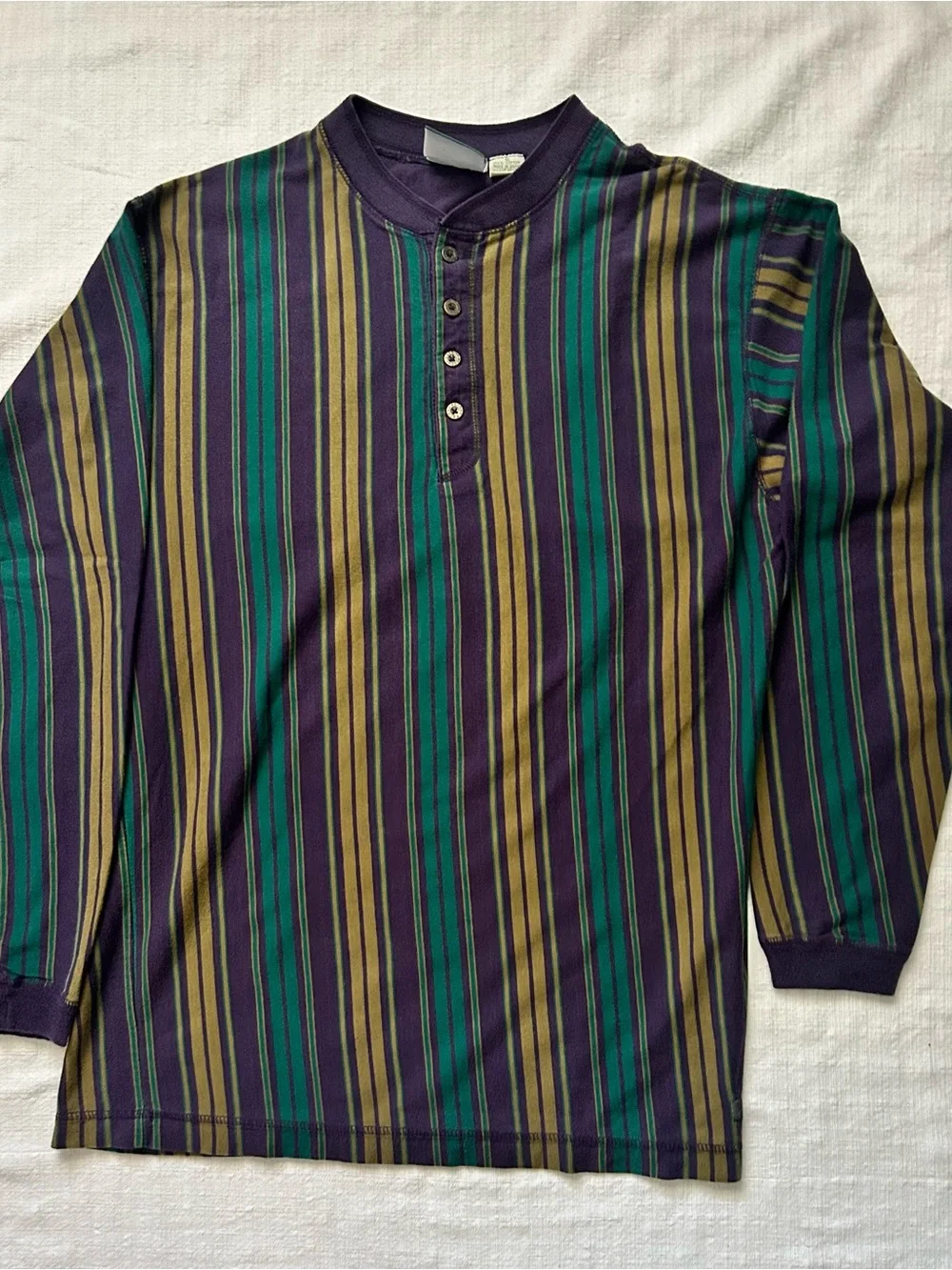Vintage 90s Levis Vertical Stripe Henley Shirt Purple Green Gold Mens S